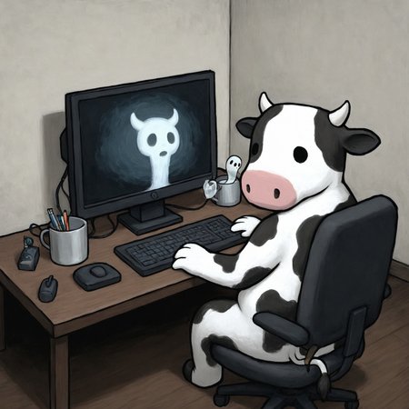 lukch, painting_\(medium\), solo, no humans, cow, sitting, at computer, looking back, computer monitor, giving up the ghost