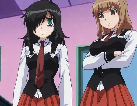 detailed background,best quality, (anime screencap) masterpiece,
2girls standing side by side in a class room, 
<lora:bb_uniform_ilxl_v1:1> BB_Uniform, school uniform, black vest, white shirt, sleeve cuffs, red necktie, pleated skirt, red skirt, black thighhighs,
BREAK;
 <lora:Tomoko_Kuroki:0.8> Tomoko, bags under eyes, black hair, green eyes, long hair, hair over one eye, evil expression, evil smile, flat chest, mouth open, 
BREAK;
 <lora:YÅ«_Naruse_WataMote_No_Matter_How_I_Look_At_It_Its_You_Guys_Fault_Im_Not_Popular:0.8> Yu Naruse, brown eyes, brown hair, large breasts,  nervous expression, glancing, arms crossed