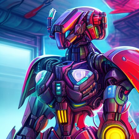 a closeup shot of a mecha in garage, cyberpunk