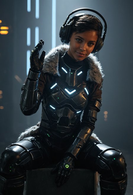 youngwoman, <lora:kwFemaleBeta63_FLUX_v1:1>, 
hangar, factory, neon, size difference, spotlight, dark theme, portrait, close-up, in palm, mecha, humanoid, armor, science-fiction, portrait, glowing eyes, knight, facing viewer, visor, front view, foreshortening, hand up, face focus, gauntlets, solo, minigirl, sitting, bodysuit, chest harness, overskirt, full body, brown skin, short hair, single earring, dark-skinned female, looking at viewer, pants, knee boots, smirk, gloves, brown jacket, fur-trimmed jacket, headphones, hand between legs, smirk, black hair, <lora:Dark_Futuristic_Circuit_Boards:1>, dark futuristic