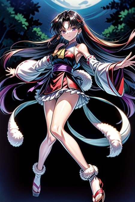 masterpiece,  best quality 1girl Setsun4 solo long hair,  (night time) forest background black hair very long hair purple eyes multicolored hair armor (fur trim) (medium body),<lora:EMS-179-EMS:0.800000>,<lora:EMS-293862-EMS:0.800000>ascot, bare shoulders, black footwear, detached sleeves, embellished costume, frills, japanese clothes, nontraditional miko, red skirt, sandals, sarashi, skirt, socks, white sleeves, white socks, wide sleeves, yellow ascot, zouri, armor, miko