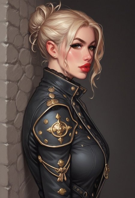 from front, (((side view))), 1girl, illustration, comic style, looking at viewer, highly detailed,
(((front view)))
In a gritty, noir-inspired urban setting bathed in the harsh glow of neon lights, K4TH3R1N3, a striking woman with platinum blonde hair cascading down her back, stands against the cold brick wall of an abandoned warehouse. Her piercing brown eyes are parted, revealing a hint of red lipstick-stained lips as she gazes directly at the viewer, challenging and intriguing in equal measure. The camera angle is low, casting her figure in sharp relief, with the dramatic shadows emphasizing the high collar of her unique outfit: a tailored trench coat made from a shimmering material that catches the light, adorned with intricate, steampunk-inspired metal accents. ((dynamic pose))
((full-clothed)),
BREAK 
dynamic pose <lora:Cherry-Gig:0.55> ((((full-clothed)))), 
BREAK
((dark room background))) score_9, score_8_up, score_7_up, score_6_up, source_cartoon, rating_explicit, Expressiveh, (((((upper body))))), dynamic pose