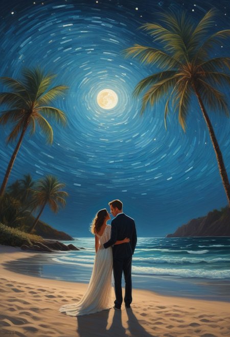 Amidst the lunar-lit beach with palm trees, a young couple's tender moment unfolds beneath the star-studded night sky. Van Gogh-esque brushstrokes and Burton-esque whimsy merge in this concept art piece. The dynamic angle captures the couple's intimate connection as they gaze up at the celestial canvas. Soft focus highlights the intricate details of the stained glass artwork, while natural lighting casts a warm glow on the couple's skin. In the foreground, palm fronds sway gently, creating depth and texture. As the stars twinkle above, this moonlit scene comes alive with vibrant colors and delicate shading.