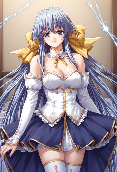 score_9,score_8_up,score_7_up,source_anime,5_figner,2d_animation,game cg,BREAK,1girl,solo,mature female,
Selestina,blue hair, long hair,thighhighs,blue eyes,ribbon bow,white thighhighs,hair bow,top-down bottom-up,dress,hair ribbon,skirt,zettai ryouiki,bare shoulders,magic girl,
medium breast,upper body,smile,
indoor,room,bad,
masterpiece,best qualit,ultra-detailed,illustration,an extremely delicate and beautiful,beautiful detailed eyes,unity 8k wallpaper,high resolution,anime CG,official_art,