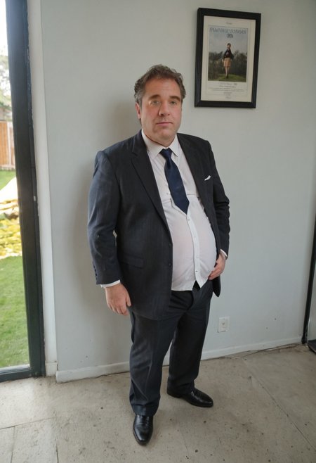 masterpiece, best quality, newest, absurdres, highres, photo, realistic style, full body picture, outside, 1boy, Tubby, fat man hairy man, brunette, green eyes, wearing a suit