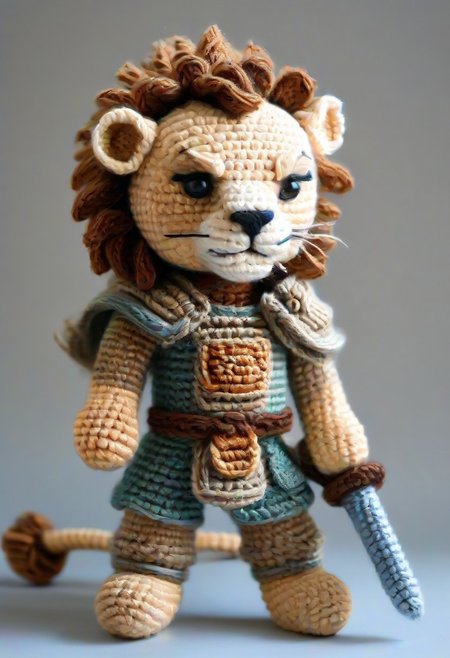 Saber fighting lion, by saint exupery, crocheted style
