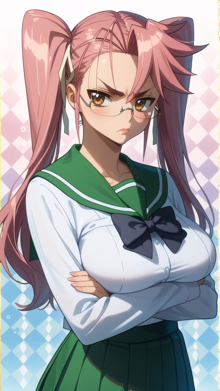 score_9, score_8_up, score_7_up, 1girl, solo, looking at viewer, anime coloring, upper body, close-up, portrait, mature female, 
<lora:Saya_Takagi_Dwnsty:0.8>, saya_takagi, pink hair, brown eyes, long hair, twintails, glasses, hair ribbon, school uniform, serafuku, green skirt, pleated skirt, black bowtie, long sleeves,
lips, large breasts, skindentation, double v, annoyed, blush, crossed arms, 
sunlight, abstract background, argyle background, rainbow, heart, 
 <lora:Hotd_Artstyle_Dwnsty:0.7>