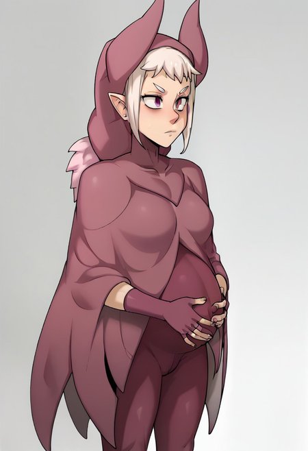 score_9, score_8_up, score_7_up, large breasts, 1girl, solo, pregnant, norawakfu, white hair, purple eyes, hood, horns, hood, horns, cloak, fingerless elbow gloves, bodysuit, cape, mask, standing, holding belly, white background,