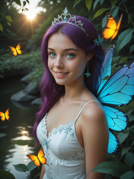 score_9, score_8_up, score_7_up
, 1girl, yellow huge butterfly wings, cyan eyes, purple hair, pretty, adorable
, brite smile, cheek dimples
, white dress, tiara made of leaves
, lush, river shore, sunset, BREAK volumetric lighting, depth of field, cinematic shot, vibrant, detailed, dramatic light