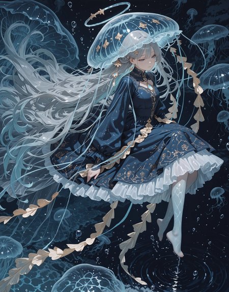 Recipe!!!

Text-to-image prompt without trendcraft:
lazypos, 1girl, solo, floating pose, underwater, long silver hair, jellyfish hat, jellyfish, frilly dress, intricate embroidery, elegant outfit, blue gold color scheme, ornate design, calm expression, surrounded by glowing jellyfish, underwater lighting, water bubbles, detailed background, fantasy ocean scene, magical atmosphere, luminous water, soft reflections, ultra-detailed, masterpiece, best quality, 4k illustration

Hi-res prompt with trendcraft:
masterpiece, best quality, very aesthetic, absurdres, stylized, newest, depth of field, HDR, high contrast, sharp focus, 8k resolution, digital art, anime style, vibrant colors, photorealistic, smooth gradients, fantasy art style, cinematic lighting, mystical aura, art nouveau inspired, (soft lighting:1.2), (lighting from above:1.2), (scenery), (detailed background design), Anime girl, 1girl, solo, Watercolor style, digital painting, underwater scene, (ethnicity:1.2), (detailed clothing:1.2), (accessories:1.1), (pose:1.2), (body type:1.1), (facial features:1.3), (expression:1.2), (detailed skin texture:1.2) with long flowing light gray hair, resembling a jellyfish, jellyfish-like form (halo:1.2), floating gracefully in deep blue water, light bluish-white translucent jellyfish form surrounding her head,  gold-toned decorations flowing through the water around her, long flowing, dark blue dress,  center of the image, facing the viewer, calm and serene expression, low perspective, deep blues and light grayish-whites as dominant colors, soft lighting, stylized composition, intricate details, detailed textures, (hair detail:1.3),  (dress detail:1.2), fantasy-like style, calm atmosphere, photorealistic style.