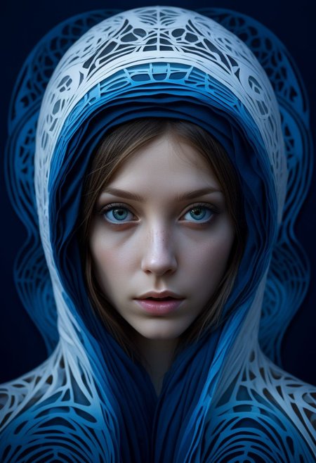 mysterious face, an exotic girl in artsy clothing, fading backlit background, (deep sea fading white to deep blue layered papercut background), alluring goddess, by Minjae Lee, Carne Griffiths, Emily Kell, Steve McCurry, Geoffroy Thoorens, Aaron Horkey, Jordan Grimmer, Greg Rutkowski, amazing depth, double exposure, surreal, geometric patterns, intricately detailed, bokeh,  perfect balanced, deep fine borders, artistic photorealism , smooth,  great masterwork by Suiras  <lora:add-detail-xl:2>  <lora:Double_Exposure:0.5>
