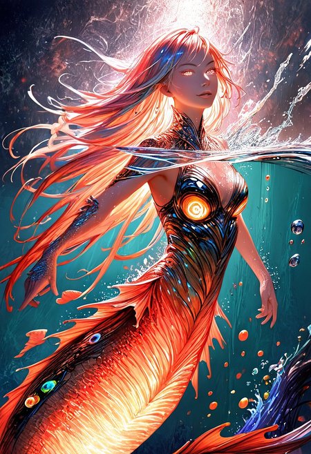 (score_9, score_8_up), score_7_up, zPDXL, solo, <lora:MythAnim3Style:0.8>, MythAn1m3,  source_anime, 1girl, mermaid, dark mysterious backgroud, Iridescent eyes, aquatic scene, dreamlike atmosphere, mystical, ethereal light, detailed textures, whimsical, rippling, dripping, water element, very long cascading hair, water, very beautiful, sexy, sexy body, beautiful body, scales, wet body, Iridescent scales, bubbles, water drops, Iridescent skin, multi colored eyes, partially underwater shot, watce, bioluminescent skin, bioluminescent, glowing, bioluminescent scales, bioluminescent hair,  FastNegativeV2, laser light clothes, submerged breast, water line on lense, view from under water, light hair