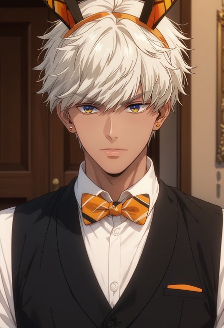 score_9, score_8_up, score_7_up, source_anime, rating_safe, Mamobey, 1boy, male focus, anime screencap, black vest, long sleeves, yellow-orange bowtie, orange rabbit ears headband,