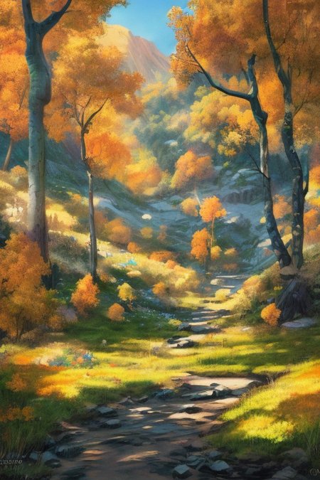 Bittersweet, meadow, Bright Aspen trees in fall, red, yellow, orange, mountainside, stream, acrylic painting, trending on pixiv fanbox, palette knife and brush strokes, style of Makoto Shinkai,  Jamie Wyeth, James Gilleard, Edward Hopper, Greg Rutkowski, Studio Ghibli, Genshin impact , high resolution detail, studio photo quality  <lora:Art-full_v1:0.3>