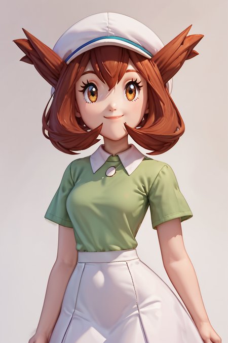 score_9, score_8_up, score_8, medium breasts, (curvy), cute, eyelashes,       BREAK, , zzBianca, brown hair, brown eyes, medium hair, hair between eyes, short sleeves, green shirt, collared shirt, white hat, skirt, white skirt, <lora:Bianca_PokemonHeroes_PDXL_v2:0.7>,, BREAK, smile, closed mouth, looking at viewer, cowboy shot, embedding:zPDXL, Expressiveh, <lora:BeautifulCAT_PDXL:1.0>,  <lora:SDXLFaeTastic2400:0.5>,  <lora:Expressive_H-000001:0.4>,