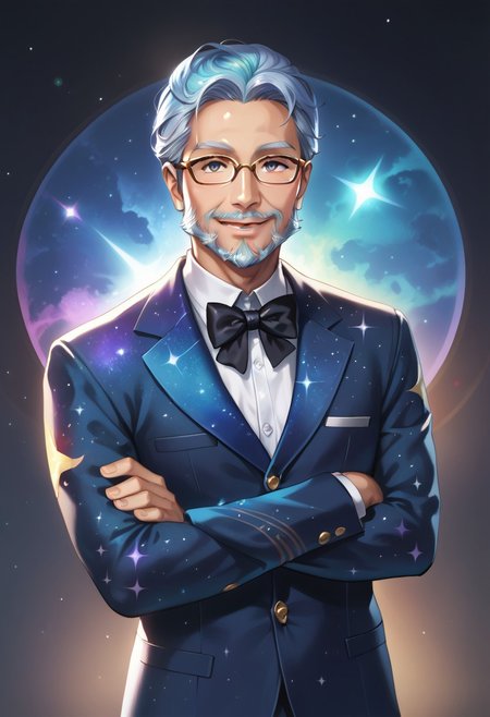 score_10, score_9_up, score_8_up, score_7_up, score_6_up, vibrant colors, shiny skin, prefect lighting, detailed image, snoozing, masterpiece, best quality, highly detailed, ultra quality, BREAK, 
<lora:galaxyXLP:1> galaxy, 
1man, solo,, old man, Glasses, beard,, detailed face, smiling, jewelry ,,suit made of galaxy, black bow tie, ((clothes made of galaxy)),  
looking at viewer, detailed background , indoors , cinematic composition , dynamic pose , Arms crossed ,