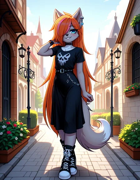 masterpiece, best quality, very aesthetic, absurdres,
outdoors,
full body, posing, 
goth fashion, 
seductive smile, parted lips, long eyelashes,
<lora:Kayla_Kitsune_v01_NAIXL:1>
K4yl4_K1tsun3,1girl,solo,furry,furry female,very long hair,multicolored hair,orange hair,pink hair,streaked hair,hair over one eye,wolf ears,earrings,blue eyes,freckles,snout,animal nose,body fur,two-tone fur,wolf tail