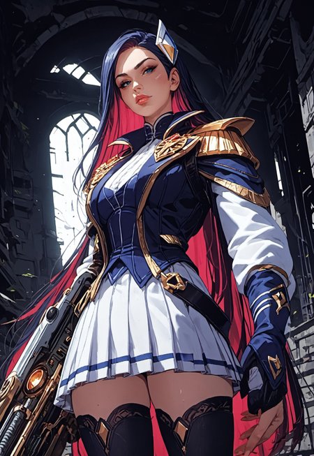 ((zPDXL3)), ((zPDXLxxx)), score_9, score_8_up, score_8, Science Fiction, Star Wars, perfecteyes, ultra detailed, high resolution, high quality, masterpiece, intricate details, intricate body, intricate landscape, knva, Expressiveh, European Instagram Model, upper body shot, low light, dungeon, ruins, green glow, black background, 
BREAK
1girl, solo, source_cartoon, mature female, acadecait, very long hair, hair ornament, colored inner hair, jacket, shoulder armor, shirt, single glove, skirt, thighhighs, badge, single knee pad, boots, holding rifle, beautiful, full lips, looking at viewer, closed mouth,