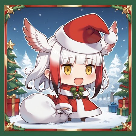 score_9, score_8_up, score_7_up, masterpiece, best quality, zzPadoru, blush, smile, open mouth, meme, holding sack, santa hat, dress, 1girl, solo, japanese crested ibis (kemono friends), head wings, multicolored hair, two-tone hair, white hair, red hair, long hair, blunt bangs, bangs, sidelocks, yellow eyes, bird tail, tail, long sleeves, wide sleeves, chibi, snow, Christmas tree, Christmas lights, Christmas border, red and green border, Christmas wreath border, presents, Christmas_card_outline