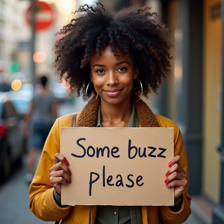 cute dark skinned woman holding a sign "some buzz please"