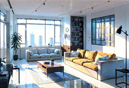 ((front view)), (Close-Up View), (Rule of Thirds), ((animation style)), A room with wide sides and narrow front and back, modern-style interior, with white walls, ((large windows)), a  study, Sofa, coffee table, bookcase, single wall, 
warm light morning sun, (((City high-rise building scenery))), (clear sky)