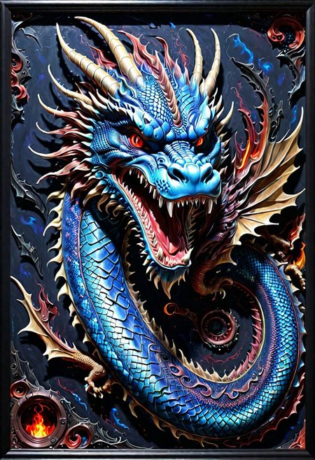 A Alpha Dragon. gothic Art Stylistically diverse painting, create a new and unique visual experience, complex expressions! In the outta realms of your mind, In a world where full 3D is all that matters, Taking art to another level, With colors we never knew exsisted, with mind blowing depth and foreground clarity, abstract details, distinctive visuals, Intricate and Exquisite Definition, (3D Framed, Dragon), Painstaking Attention To Details, Dragon Fire, Blue scales