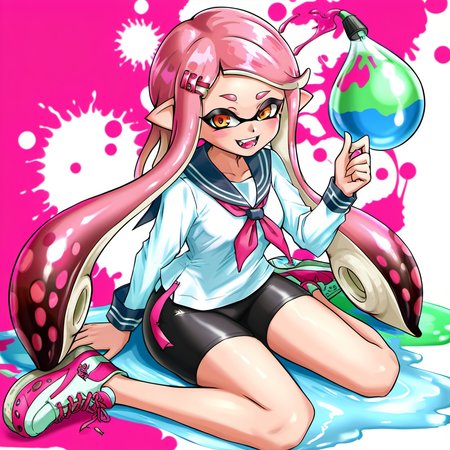 1girl, inkling, inkling girl, by kodoto, bike shorts, burst bomb (splatoon), fangs, hair ornament, hairclip, long hair, long sleeves, paint, pink hair, sailor collar, sailor shirt, seeker (splatoon), shirt, shoes, sitting, smile, sneakers, solo, splat bomb (splatoon), splatter, suction bomb (splatoon), suction cups, tentacle hair, water balloon,