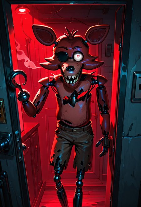 masterpiece, best quality, amazing quality, very aesthetic, absurdres, newest, detailed background, foreground blur, (( cartoon )),
foxy, animal ears, 1boy, solo, sharp teeth, eyepatch, pirate hook,  joints, animatronic, brown ripped shorts, robot, grey legs, thin legs,
clenched teeth, leaning on door, red lights, smoke, open door, grey walls, dark building, looking at viewer, red theme, emergency lights, smile
