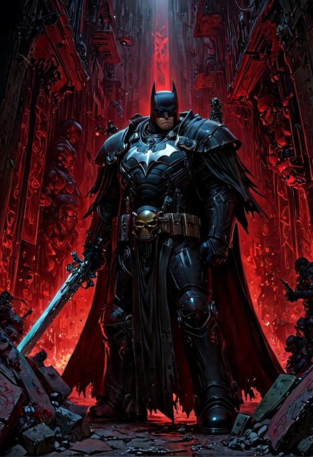 a mix of  nqstrman and batman  in a black and red outfit holding a sword stands in the shadowy underbelly of a hive city, his long coat billowing as he examines xenos artifacts hidden in a dimly lit alley. The grimy walls are covered in graffiti venerating forbidden gods, and his gaze is stern, his hand resting on the hilt of a power sword, ready to dispense the Emperor's justice, apxlz