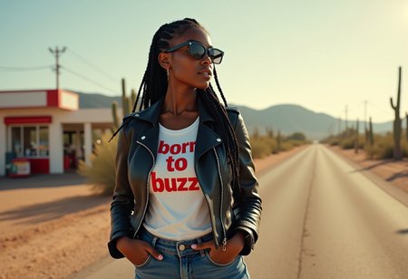 Photograph, ultra high quality, dramatic lighting, 
Beautiful Woman, Black woman, very dark skin, skinny waist, large breasts, hourglass figure, high cheekbones, thick eyebrows, huge eyes, dark brown eyes, long braided hair, black hair, 
standing, blue jeans, brown leather boots, black leather biker jacket, white t-shirt with red lettering reading "born to buzz", black sunglasses, hands in her pockets, looking on the side,
gas station in the desert, sunny day, cactus, hills, in the distance, asphalt road, dust, 
dynamic angle, highly detailed,