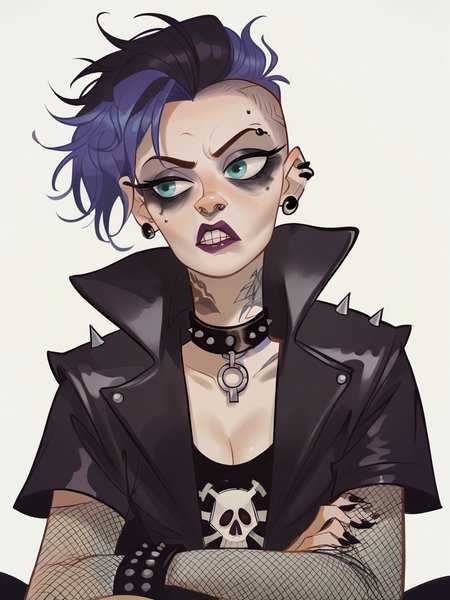 score_9, score_8_up, score_7_up, score_6_up, score_5_up, <lora:kangyannanXLP:1> kangyannan, white background, 1girl, punk