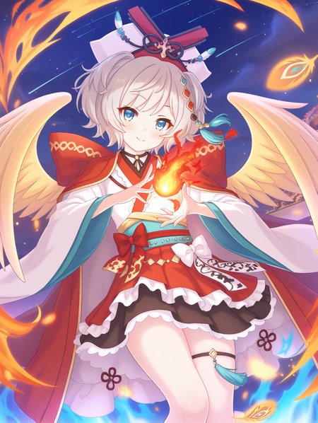 (masterpiece,best quality,ultra_detailed,highres,absurdres:1.2,amazing quality,very aesthetic),<lora:Resplendent Phoenix-pcr_ilxl_v2-000014:0.8>,1girl, solo, looking at viewer, smile, short hair, bangs, blue eyes, skirt, grey hair, hair ornament, long sleeves, bow, closed mouth, japanese clothes, wings, wide sleeves, thigh strap, fire, frilled skirt, feathers, feathered wings, angel wings, white wings, magic, resplendent phoenix \(princess connect!\)