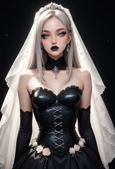 score_9_up, score_8_up, score_7_up, 
1girl, skinny body, light gray hair, long hair, straight hair, blue eyes,  eye shadow, makeup, full lips, ((black lips)), 
small breast, 
(bride veil), (black cloth corset), (black stockings), (black long gloves), 
sexy pose, front view,  
Semirealistic illustration, 
((black background)),