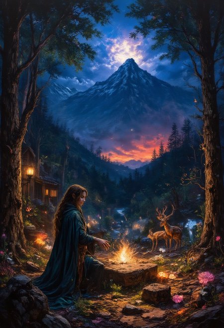 a twilight encounter in a medieval forest clearing, a young woman in a flowing emerald cloak casting runes onto a stone slab, surrounded by curious deer and glowing mushrooms, the leaves above shimmering with a spectral light, distant mountains silhouetted against the setting sun, oil painting, vivid and enchanting  
<lora:aidmaImageUpraderv0.3:0.4> aidmaimageupgrader,  <lora:aidmaMJ6.1v0.4:0.6> aidmaMJ6.1,  <lora:cheats:1>