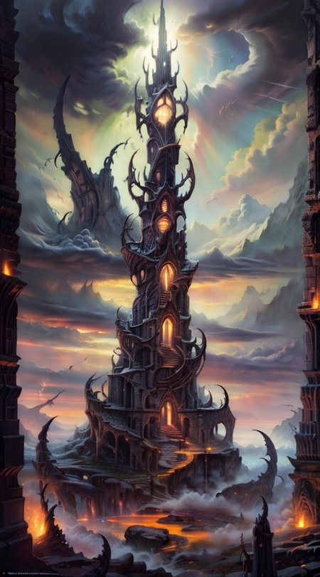 Masterwork Painting, Magnum Opus, 
HDR photo of 
Dreamscape, 
ethereal fantasy concept art of  
 <lora:Wizard_Tower-10:0.75> witow, castle, cloud, cloudy sky, grass, no humans, scenery, sky, tower, tree, 
 <lora:locon_conceptlightning_v1_from_v1_64_32:1> lghtnngprsn, lightning, storm 
<lora:Hell2_v1.0:0.8> demonic, creatures, fire, city, creepy, lava, volcano, castle,
. magnificent, celestial, ethereal, painterly, epic, majestic, magical, fantasy art, cover art, dreamy,
. Surreal, ethereal, dreamy, mysterious, fantasy, highly detailed,
. High dynamic range, vivid, rich details, clear shadows and highlights, realistic, intense, enhanced contrast, highly detailed,
  highres, 8k, uhd, High Dynamic Range, tonemapping, crisp details,  intricate details, fine details