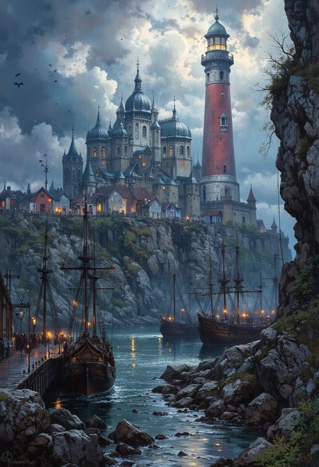 mythp0rt, ArsMJStyle, impressionism, extremely detailed, smooth and sharp, ultra realistic ominous and dark, deep shadows , over the small port town, small river nearby, extremely vertical rocky cliffside, tall church on top of the cliff, docks with wooden ships, busy skies before the storm, clouds are dense and huge, wires and pipes on the ground, huge red and white lighthouse casting shadow on the water, dense clouds, intricate rocky pthways,  whole picture is filled with crows and raindrops, desolate, intricate and detailed,