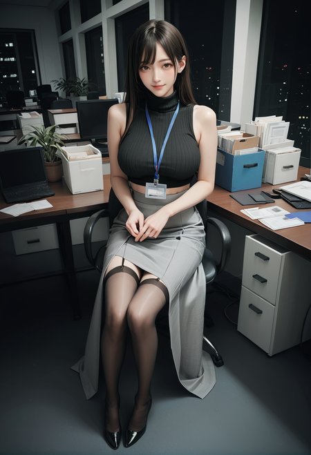 ,ruanyi0922,indoors,office,night,
sitting,full body,
,ruanyi0897,black thighhighs,garter straps,turtleneck,id card,lanyard,grey skirt,crop top,black sleeveless sweater,long skirt,<lora:0922 office_v1_pony:0.8>,<lora:0897 Home wear 3_v1_pony:0.7>, score_9, score_8_up, score_7_up, score_6_up, score_9, score_8_up, score_7_up, score_6_up source_anime, blush, 1girl, seduce smile, perfect body , natural huge breasts