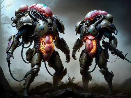 <lora:TechPunkAIv2Pruned:.9> BioPunkAI  heavy infantry (Highly detailed, amazing fantasy setting), (Shiny Impressive lighting), (Colorful, Ultra Realistic, High quality, Highly detailed, Sharp focus, 8K UHD, Art photography), (trending on artstation)