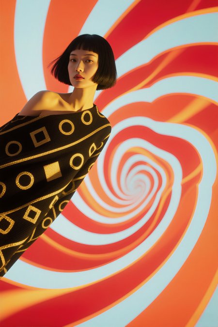 A woman levitating above a spiraling vortex, her body draped in geometric fabrics blending with 3D painted shadows., surreal editorial photography, 3D illusionistic perspective, conceptual fashion art, bold color contrast, optical illusion elements, dramatic lighting, high-concept staging, hyperrealistic depth, avant-garde poses, stylized human figures, immersive narrative composition, fine art fashion fusion, visually striking surrealism, theatrical visual storytelling