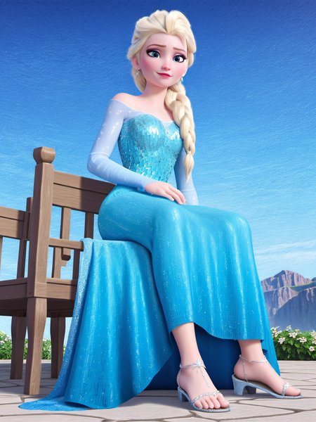 score_9, score_8_up, score_7_up, score_6_up, score_5_up, score_4_up, source_movie, 1girl,Elsa's Sparkling Blue Dress,long earrings,braid, beauty, sitting on side of chair, blushing, full body, tiny breast, Blink face, outdoor theme,movie screencap, stone in background, spread legs,sandals,Transparent toenails,  ((view from below:1.3)), (high quality, detailed, beautiful), detailed beautiful eyes, outstanding, countershading, detailed soft lighting, <lora:elsa_xl4:0.7>