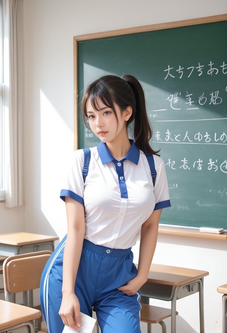 score_9,score_8_up,score_7_up,8k,,ruanyi0533,blue pants,short sleeves,striped,1girl,solo,classroom,chalkboard,high ponytail,large breasts,<lora:0533 Shen Jiayi_v1_pony:1>