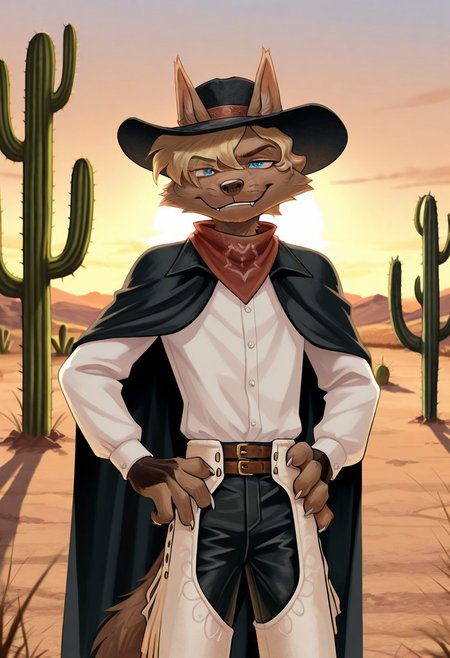 detailed background, detailed fur, cowboy shot, solo, 1boy, mid adult,  ProfessorGaon, wolf, blue eyes, smirk, head movement, western scenery, western background, outdoors, cactus, hand behind head, hand on hip, sunset, detailed scenery, black cape, white dress shirt, black hat, white chaps, black pants, red bandana, masterpiece, best quality, amazing quality, absurdres, newest, high res, ultra detailed, best quality, best artwork, detailed eyes, (eyes focus), perfect eyes, big iris, pupils visible, 4k, ultra quality, perfect face