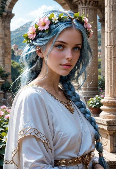safe_pos, Beautiful woman, 24 years old. Fair skin. Smooth skin. Silvery blue hair. Incredible detail, high clarity. Free hair with braids. Long hair. Pink lips. Good anatomy. Detailed face. Attractive. Curvy. Bosom. European.

She is wearing a beautiful Greek goddess robe. Ancient temple setting. Flower wreath on head. Revealing, sexy.