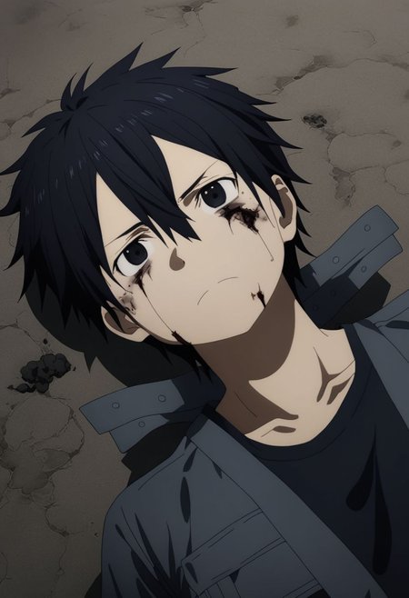 high resolution, professional photography, best quality, 1Boy, Kirigaya Kazuto, Black Hair, Black Eyes, overalldetail, lying down, conquered, hurt, dying, battered, blank stare, bruised