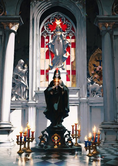 by wanke
, by yogisya,
1girl  
a statue of Mary and baby Jesus  surrounded by candles, baroque dark art,  
black marble intricated with gold,  
shadows, high contrast, rim light
masterpiece, best quality, high quality, highres, absurdres, very detailed, high resolution, sharp, sharp image, 8k, vivid, colorful, stunning, anime