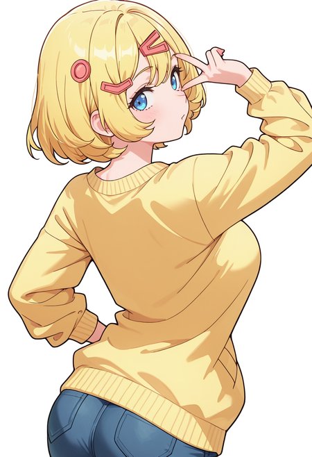 Smooth Quality,masterpiece,very intricate, high quality details, ultra realistic, high detailed skin,detailed enviorement,absurdres,
v over eye,solo,
 <lora:Esyne_CNR:0.8> esyne_cnr, blue eyes, blonde hair, short hair,large breasts, hair ornament, hairclip,, simple background, white background, from behind,
walking pose, one hand in pocket, head slightly turned, casual stride,,, uwu,