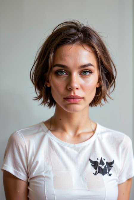 score_9, score_8_up, score_7_up, score_6_up, BREAK, RAW, photo, 8k, very sharp,   source_photo, source_real,  
woman, plain background, looking at viewer, front view, green eyes, brown hair, short hair, tshirt, portrait, 
<lora:MJ52:0.4>  <lora:CinematicStyle_v1:0.4>   <lora:officialpit_style_v11:0.3>