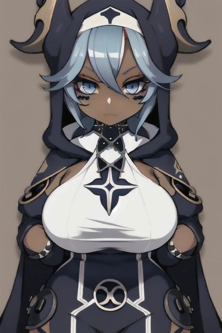 Devil, horns, body mods, chibi, huge breasts, thick thighs, muscular, ((dark tan skin)), white hair, ((navy hair streaks)), short spiky scene hair, slanted blue eyes,blue tribal cloud tattoos, non human, monster girl, bad ass, ((nun)), huge fluffy white scarf, (( hooded jumpsuit)), ((steampunk)), ((y2k aesthetic)), black, white, navy, light blue, 3d render, chibi, ((Kaeya Alberich inspired outfit)), poofy hair, eyeliner, emo, emo makeup, goth, wrench_genshin_style, chara-sheet