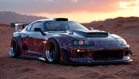A detailed, photorealistic image of a 1993 Toyota Supra with a wide body kit, extreme front hood design, and glowing circuitry body paint. The glowing alloy rims and sporty glowing spoiler add to its futuristic look. The car is set against a desert landscape at dusk, with the setting sun reflecting off the polished bodywork.

Laser headlights with a sharp, intense beam that cuts through the darkness. 
Bioluminescent glow paint that changes intensity based on the surrounding light level.
Ghost lighting effect that projects shadows and shapes onto the ground as the car moves.

Toyota Supra bodyworks include Heat-extracting hood louvers for improved engine cooling, Integrated LED side markers in the wide body fenders, Functional roof scoop for improved cooling and aerodynamics, Aggressive front canards for improved downforce and cornering stability, Rear brake cooling ducts integrated into the rear fenders









