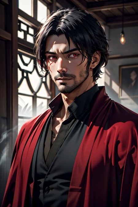 Master piece, highest quality, highest possible OverallDetail, semirealistic, red eyes,
Create an elder of a demonic sect.
The character looks like he is in his late twenties or early thirties. He is handsome.
He has black shoulder-length shaggy hair. 
His outer robe is black and the inner robe is dark red. 
His eyes are dark red. Detailed face. Red robe.
He meditates in nature.
perfecteyes eyes